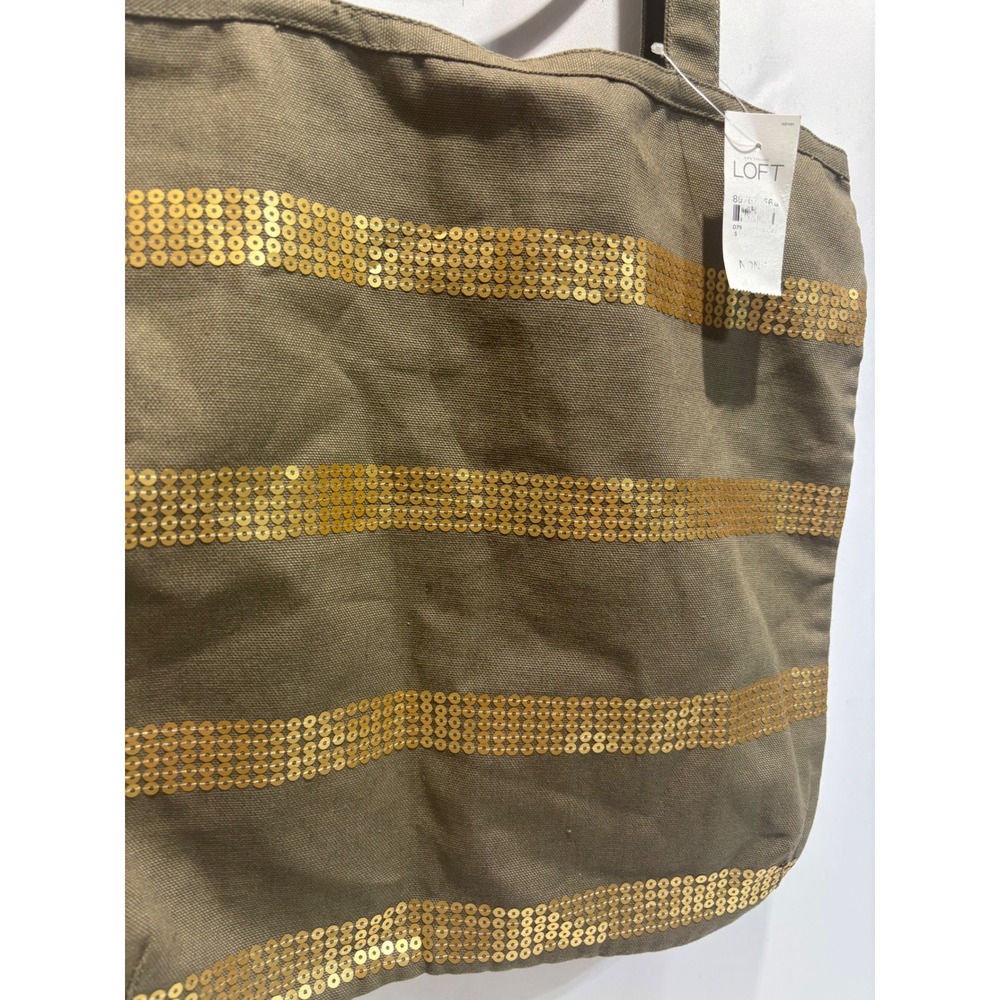 LOFT Tote Bag Women Olive Green Gold Sequin Striped Canvas Shoulder Bag - Picture 2 of 9